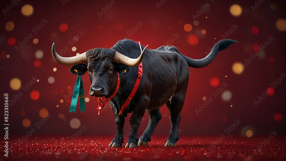 A black bull with horns standing on a vibrant red background. A black bull with horns standing on a vibrant red background.