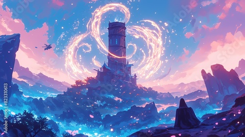 A wizards tower surrounded by swirling magic. Amazing anime background photo