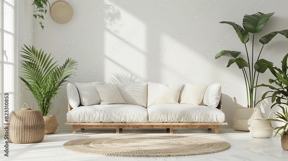 Bright and modern living room with a cozy white sofa, indoor plants, and stylish decor, bathed in natural sunlight. Bright and modern living room with a cozy white sofa, indoor plants, and stylish decor, bathed in natural sunlight.