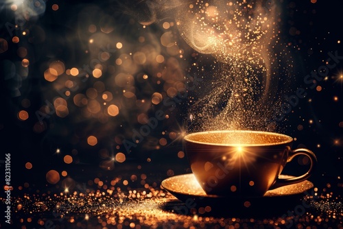 Steaming cup of coffee, emitting mysterious light particles, against a dark background.