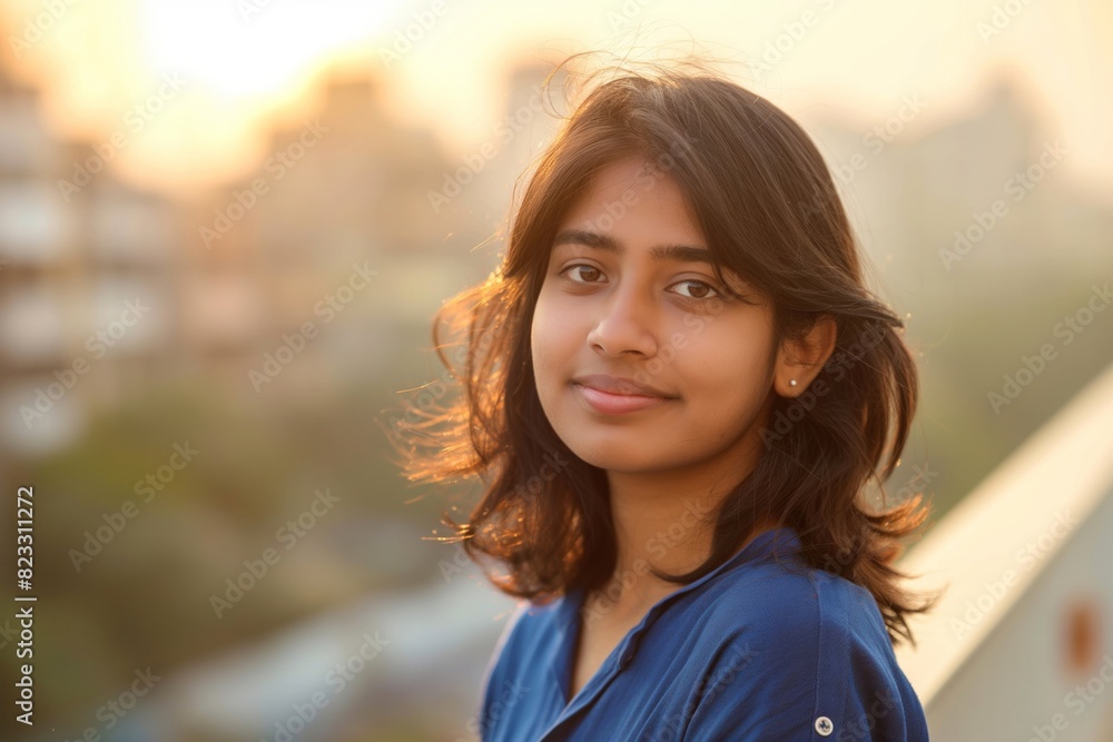 Tranquil Rooftop Portrait of a Smiling Young Indian Woman at Sunset – Ideal for Peaceful and Reflective Themes Tranquil Rooftop Portrait of a Smiling Young Indian Woman at Sunset – Ideal for Peaceful and Reflective Themes