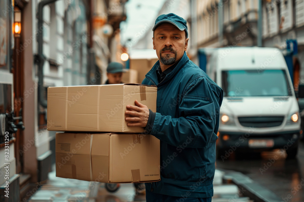 Delivery man in blue uniform carrying boxes on a city street Delivery man in blue uniform carrying boxes on a city street