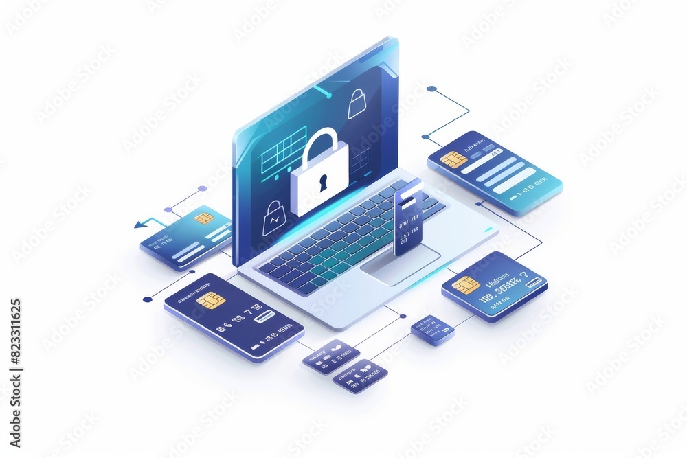 Creative vector illustration of secure online transactions with a laptop, various digital devices, and icons, showcasing modern e commerce safety and connectivity Creative vector illustration of secure online transactions with a laptop, various digital devices, and icons, showcasing modern e commerce safety and connectivity