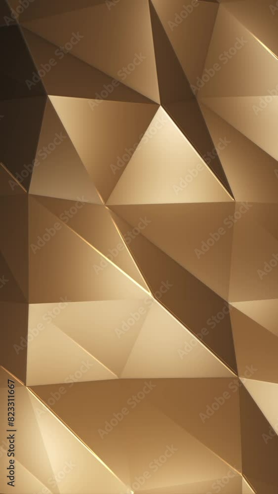 Vertical video - glowing golden low poly surface background with the gentle motion of shiny polygon triangle shapes and warm golden light. Full HD and looping abstract geometric background animation. Vertical video - glowing golden low poly surface background with the gentle motion of shiny polygon triangle shapes and warm golden light. Full HD and looping abstract geometric background animation.