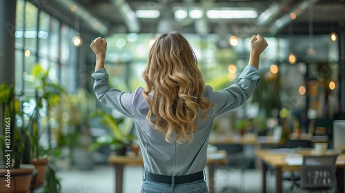 A woman in a blue shirt and jeans standing with her arms in the air in victory.