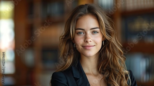 A photo of a young woman, with long brown hair, wearing a black suit jacket, smiling at the camera. Free Download A photo of a young woman, with long brown hair, wearing a black suit jacket, smiling at the camera. - GFXLoad