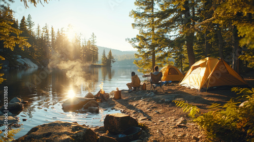 Family camping trip in a serene forest clearing by a lake at sunrise