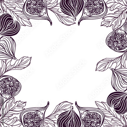 Figs square frame. Fruits and leaves. Vector illustration in graphic style. For cards, invitations, food and cosmetic labels, covers, menus, banners, posters.