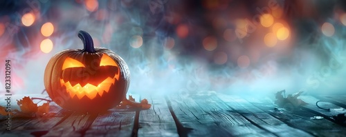 Glowing Halloween Pumpkin on Wooden Table with Foggy Background