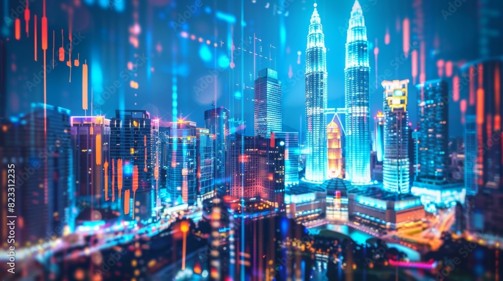 Stock market graph hologram, night panorama city view of Kuala Lumpur.