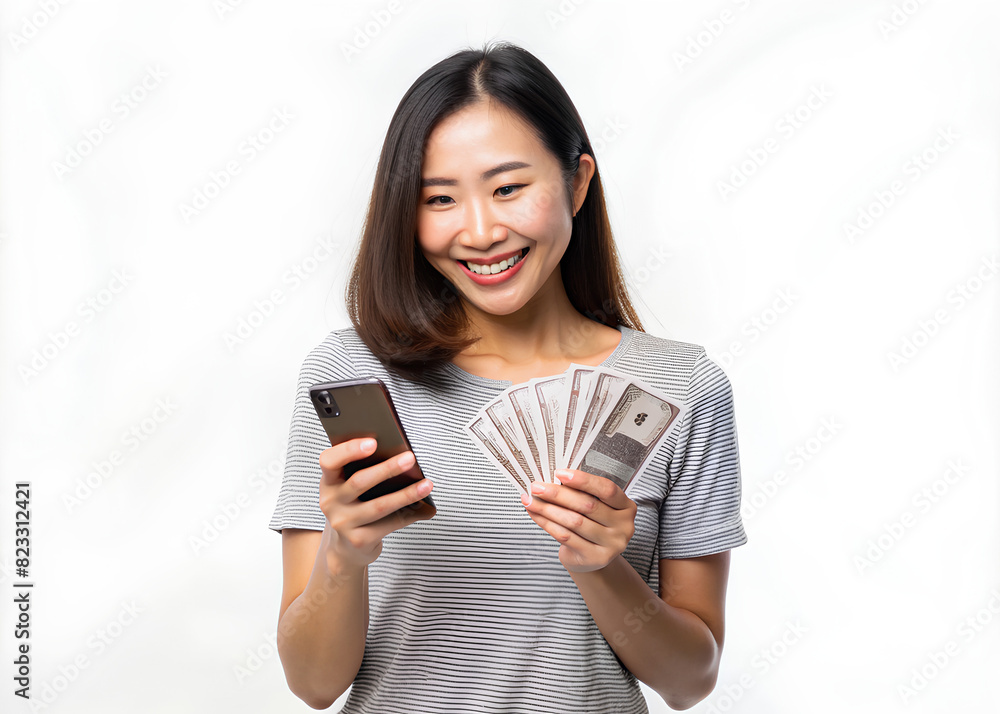 Portrait of happy smiling Beautiful Asian woman using mobile phone app, holding money cash, standing over white background Portrait of happy smiling Beautiful Asian woman using mobile phone app, holding money cash, standing over white background