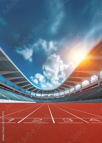 textured  athlete running track bein sunlight with copy space - center. Competition Poster.