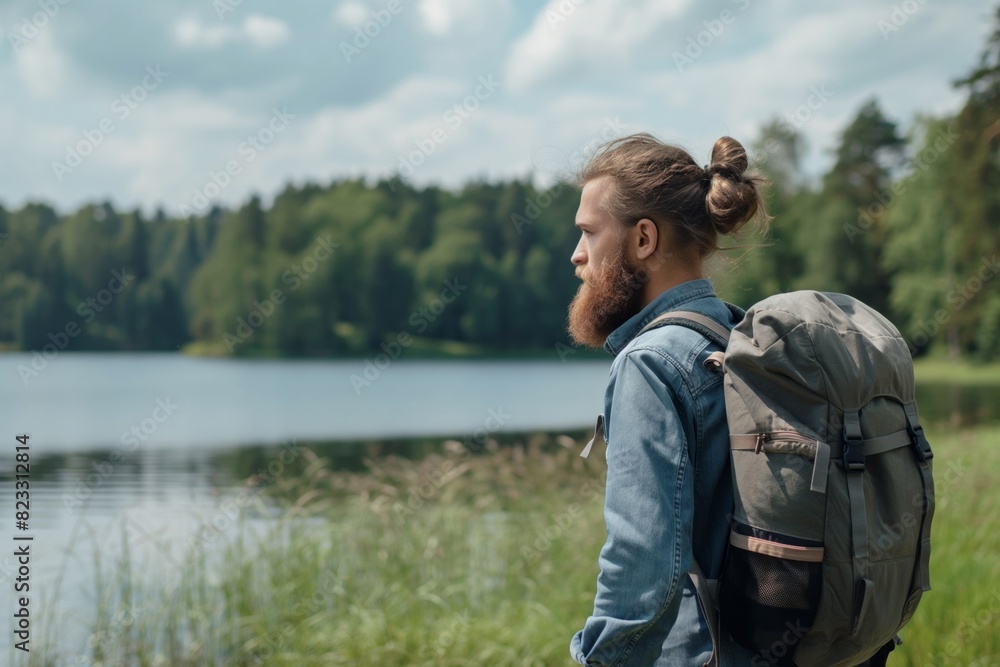 A bearded man with a backpack standing by a lake, ideal for outdoor exploration themes, nature adventures, and travel lifestyle promotions. A bearded man with a backpack standing by a lake, ideal for outdoor exploration themes, nature adventures, and travel lifestyle promotions.