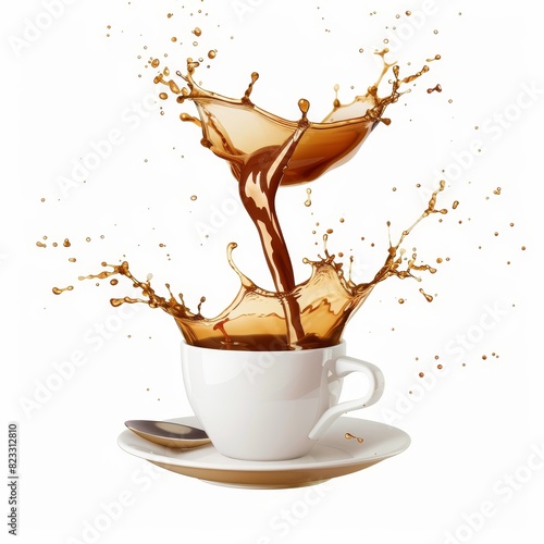 A cup of coffee is pouring out, white background, vector graphics.