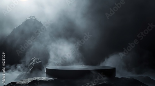 A dark pedestal set in a rocky mountain environment with surrounding fog, creating a mysterious and dramatic setting. Ideal for high-end product displays, fantasy promotions, and immersive advertising