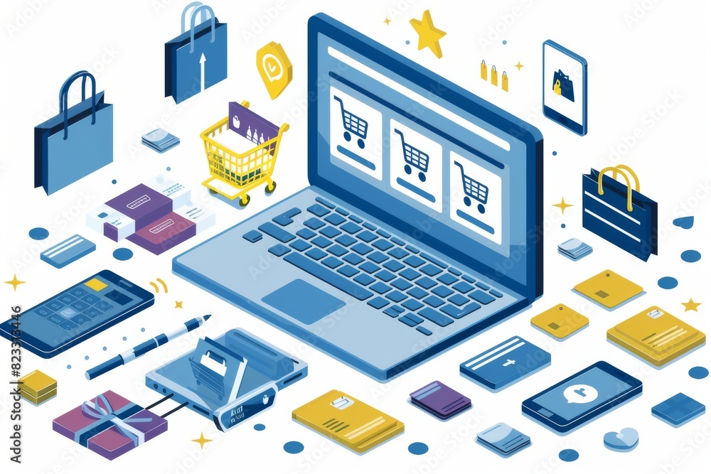 High tech vector illustration of secure online shopping with a laptop, shopping icons, and various devices, emphasizing digital safety and e commerce technology High tech vector illustration of secure online shopping with a laptop, shopping icons, and various devices, emphasizing digital safety and e commerce technology