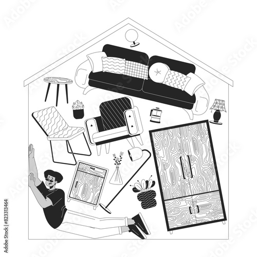 Latin american man buried under belongings at home black and white2D linear illustration concept. Hoarding cartoon scene background. Overconsumption monochrome metaphor abstract flat vector graphic