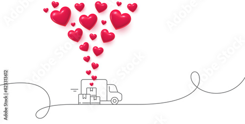 Delivery truck with heart balloons. Customer feedback banner with 3d hearts. Delivery truck with box packages and balloon hearts. Love and care of delivery. Vector