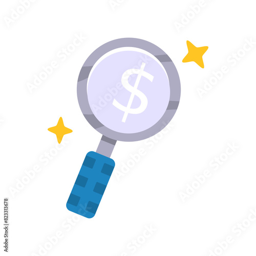 Magnifying glass with dollar sign illustration suitable for financial concepts or any design needing a symbol of wealth and examination
