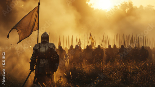 Medieval knights reenact epic battle at sunset, showcasing armor and flags