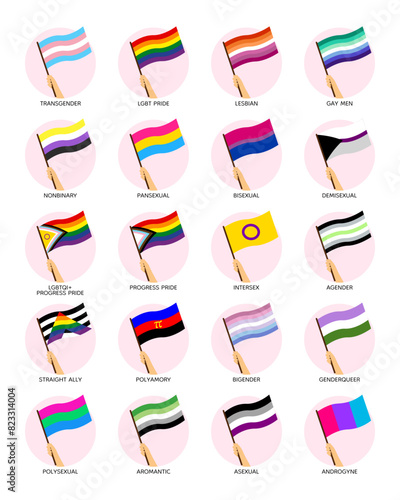 Set of hands holding lgbtqi+ pride flags