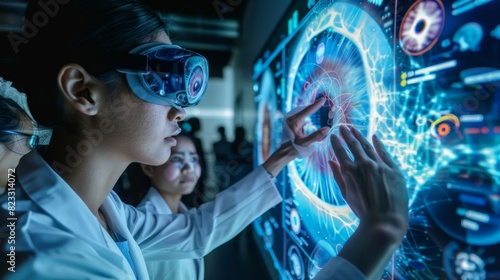 A teacher guides students through a virtual dissection of a human eye enhanced by augmented reality technology. #823314072
