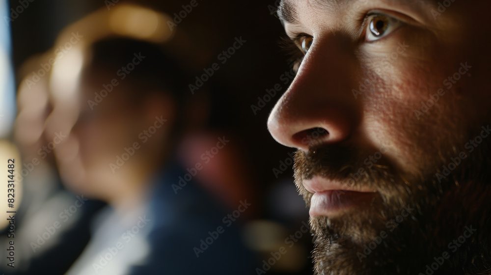 Fototapeta premium Close-up of a man's contemplative face with soft focus on background figures.