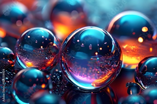 glass background in a circle Beautiful water droplets on transparent marbles with a vivid blue background Blue background Bokeh