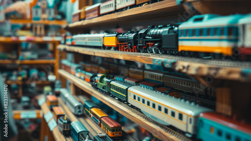 An assortment of colorfully detailed model trains displayed on shelves.