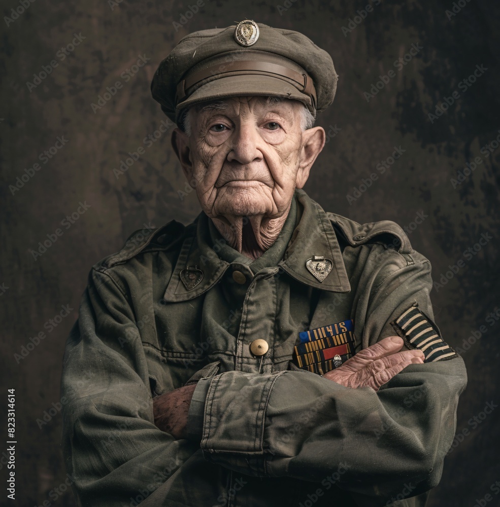 Fototapeta premium An elderly American soldier with a weathered face and gray hair, standing proudly with crossed arms, wearing a decorated uniform, against a plain background