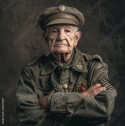 An elderly American soldier with a weathered face and gray hair, standing proudly with crossed arms, wearing a decorated uniform, against a plain background © Apiwat
