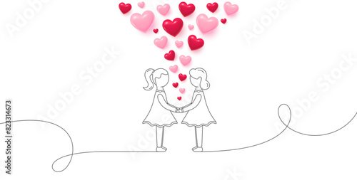 Love lesbian couple date banner. Valentine day background with 3d heart. Love dating with lgbt couple girl characters. Postcard for Valentine, Wedding, Anniversary day. Same-sex marriage. Vector