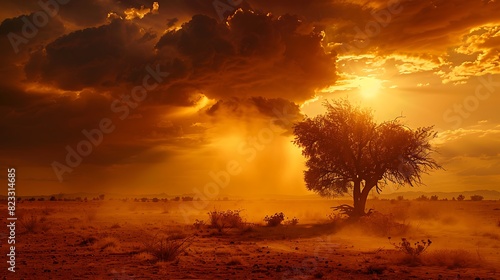 Fiery sunset over an arid desert landscape with a lone tree and storm clouds.