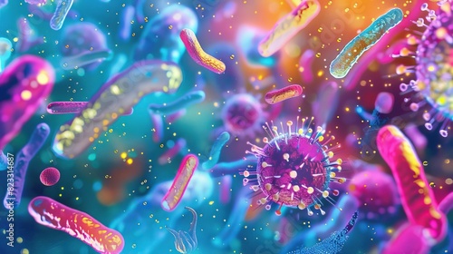 Detailed microscopic view of bacteria with various forms and sizes photo