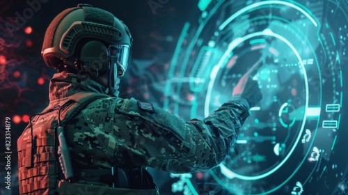 A soldier pointing to a holographic image of a target on their HUD relaying crucial information to their team.