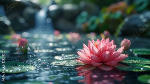asian symbolism  the pink lotus in a tranquil pond represents purity and enlightenment in asian tradition  blooming beautifully