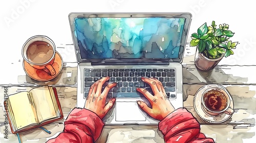 Human hands typing on laptop keyboard, hand writing in notebook. Laptops with hands, coffee cup. Computing, working online, freelancing, education concept. Hand drawn isolated Vector illustrations