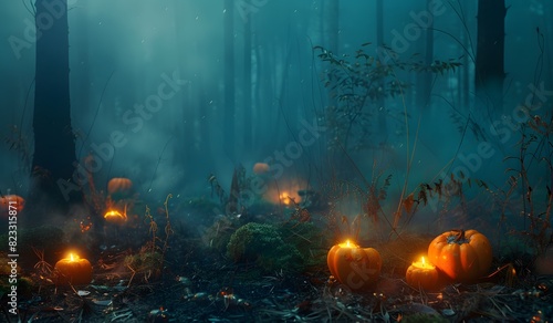 Halloween Pumpkins in Foggy Forest with Candles at Night