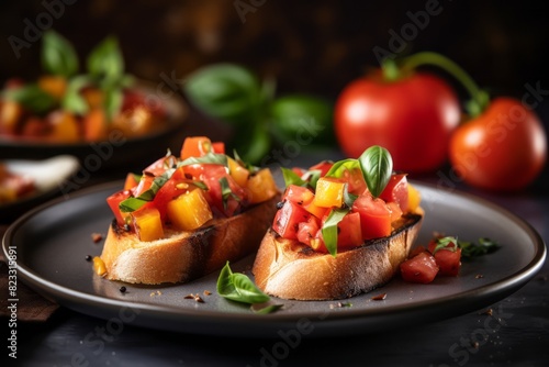 Juicy bruschetta on a rustic plate against a pastel or soft colors background