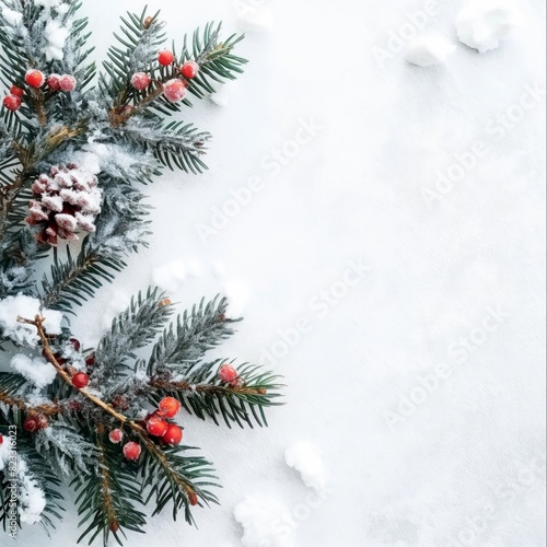Snowy Pine Branches and Red Berries on White Background - Festive winter arrangement featuring snowy pine branches and red berries on a white background  ideal for holiday and seasonal designs.