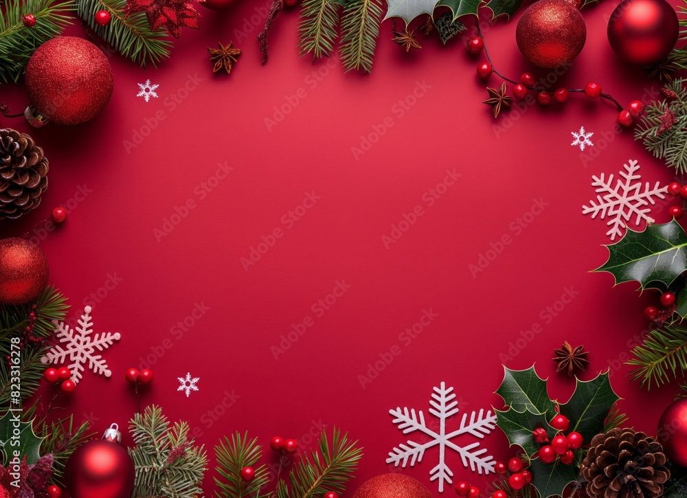 Red Christmas Background with Holly and Snowflakes - Festive Christmas background featuring holly leaves, red ornaments, and snowflakes, ideal for holiday cards and seasonal designs. Red Christmas Background with Holly and Snowflakes - Festive Christmas background featuring holly leaves, red ornaments, and snowflakes, ideal for holiday cards and seasonal designs.