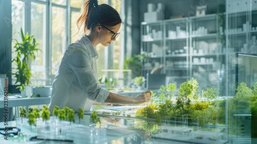 Female architect designing a sustainable building model in a bright office environment