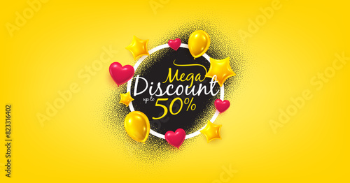Mega discount offer frame with balloons. Sale discount offer label. Black grain noise spray banner with border. Paint ink grain dotted spray. Frame badge with heart balloons. Vector