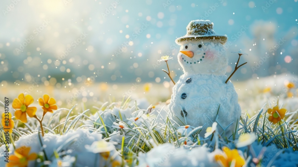 Obraz premium Unhappy snowman in mittens, red scarf and cap is melting outdoors on snowy grass with yellow tiny flowers on background of evergreen shrubs. Approaching spring, warm winter, climate change concept.