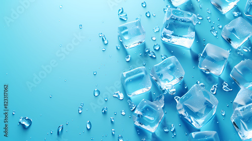 Top view of ice cubes on blue background
