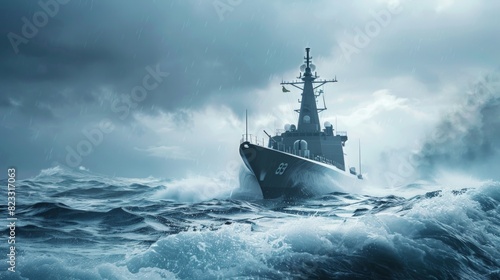 Large grey modern warship sailing in still water. Clear blue sky. Global communications, international security theme. Panoramic image © Nataliya