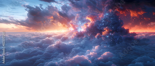 64k, 8k widescreen, 21:9, cloud skyscape, Fiery Sky and Water Blend, A captivating scene merging of fire and water against a backdrop of azure sky and billowing clouds, evoking a mesmerized nature © SJarkCube