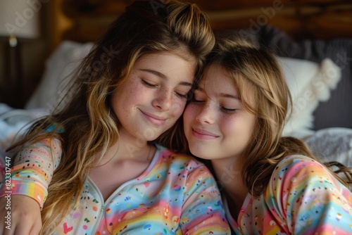 LGBTQ family in matching pajamas, cozy home setting, warm and joyful, family fashion ad photo