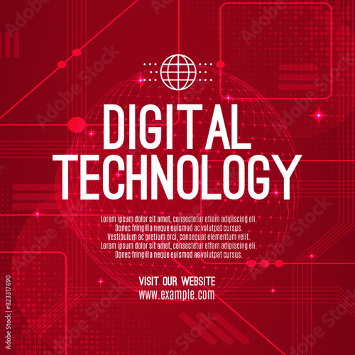 Digital technology social post banner sale template red background, abstract cyber information communication, innovation future tech data, internet network connection, Ai big data illustration vector