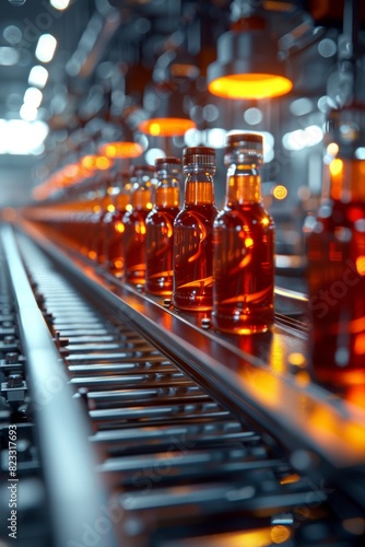 Several bottles filled with a red liquid are lined up on a conveyor belt in a factory, illuminated by lights, giving a sense of efficiency and production.